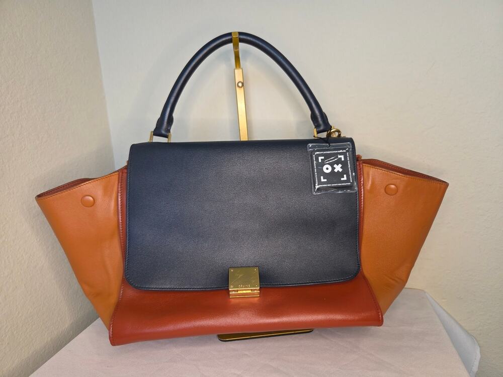 Celine Trapeze Two Tone Navy Cognac Leather Top Handle Shoulder Bag with Strap